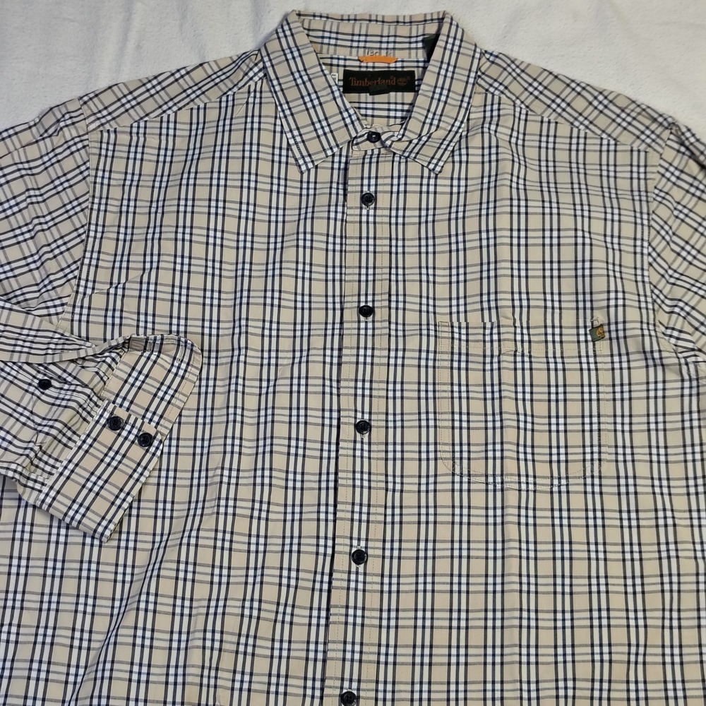 Timberland Mens Button Front Shirt XL Tan Plaid Cotton Long Sleeve Workwear